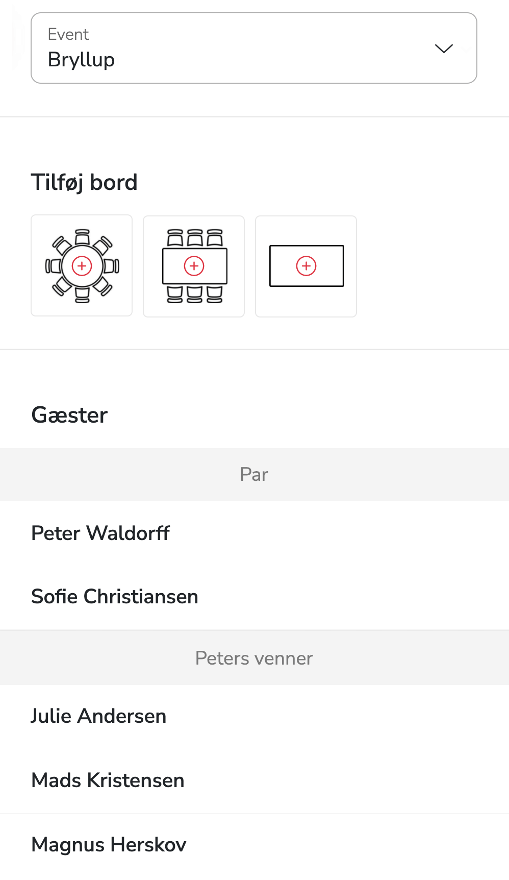 Gæster kan tilføjes direkte fra jeres gæsteliste